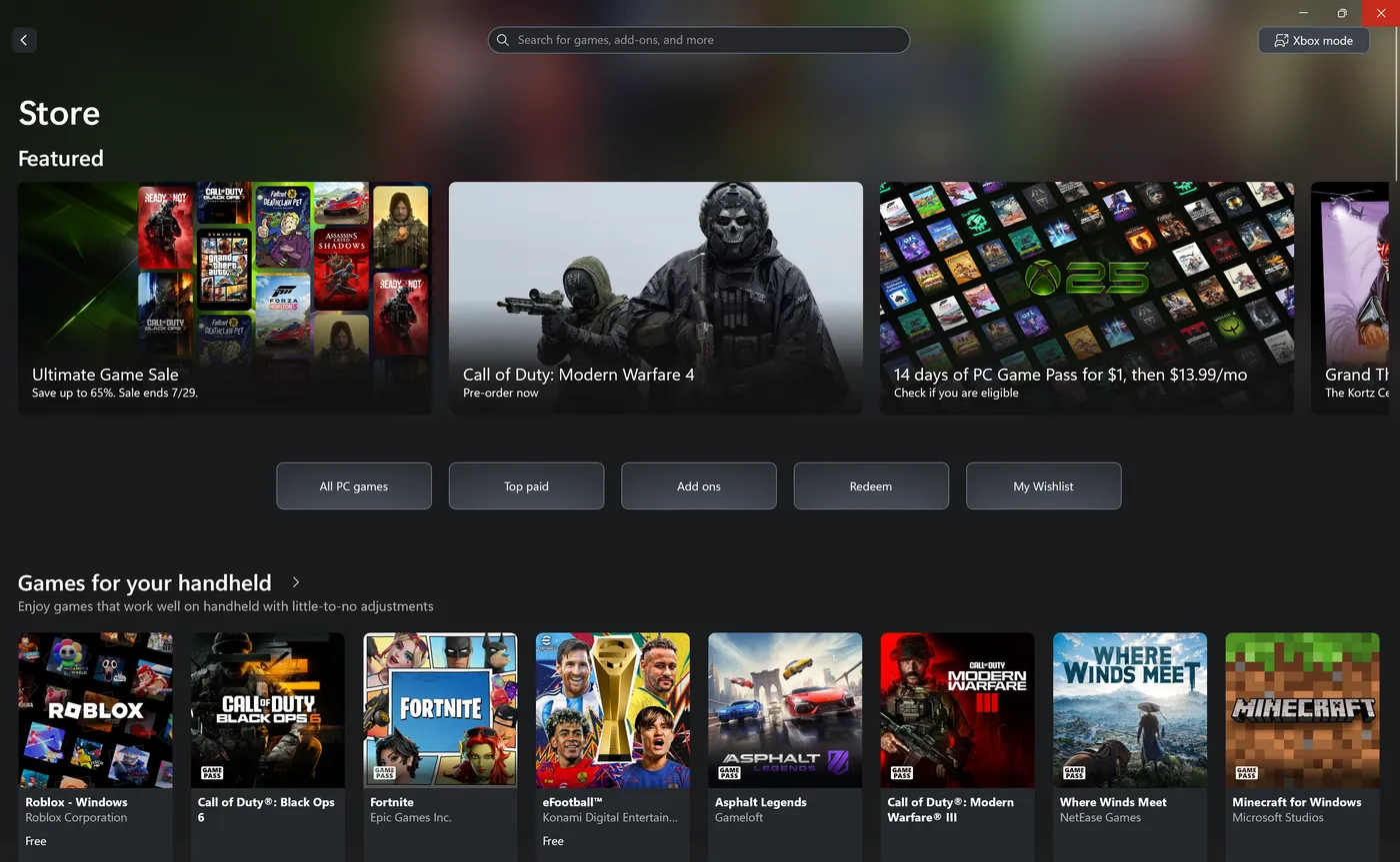 The XBOX app for PC Store tab: featured sale banners, a Game Pass promotion, and rows of game tiles